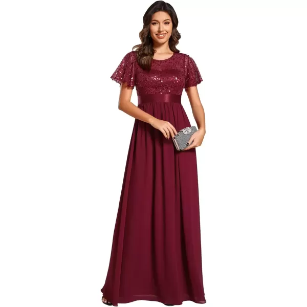 imageEverPretty Womens A Line Crew Neck Short Sleeve Sequin Floor Length Semi Formal Dress 02126Burgundy