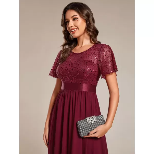 imageEverPretty Womens A Line Crew Neck Short Sleeve Sequin Floor Length Semi Formal Dress 02126Burgundy