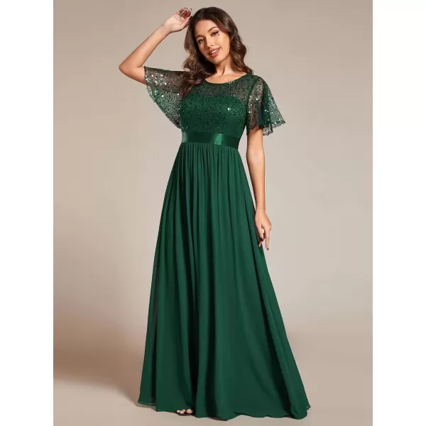 imageEverPretty Womens A Line Crew Neck Short Sleeve Sequin Floor Length Semi Formal Dress 02126Dark Green