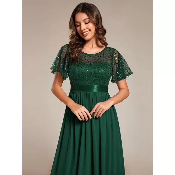 imageEverPretty Womens A Line Crew Neck Short Sleeve Sequin Floor Length Semi Formal Dress 02126Dark Green