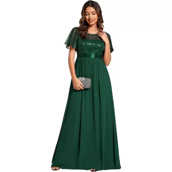 imageEverPretty Womens A Line Crew Neck Short Sleeve Sequin Floor Length Semi Formal Dress 02126Dark Green