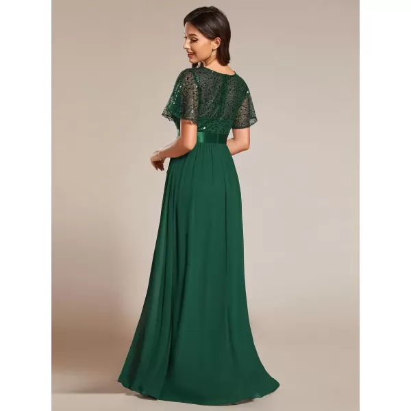 imageEverPretty Womens A Line Crew Neck Short Sleeve Sequin Floor Length Semi Formal Dress 02126Dark Green