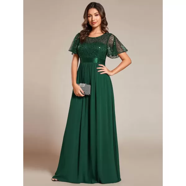 imageEverPretty Womens A Line Crew Neck Short Sleeve Sequin Floor Length Semi Formal Dress 02126Dark Green