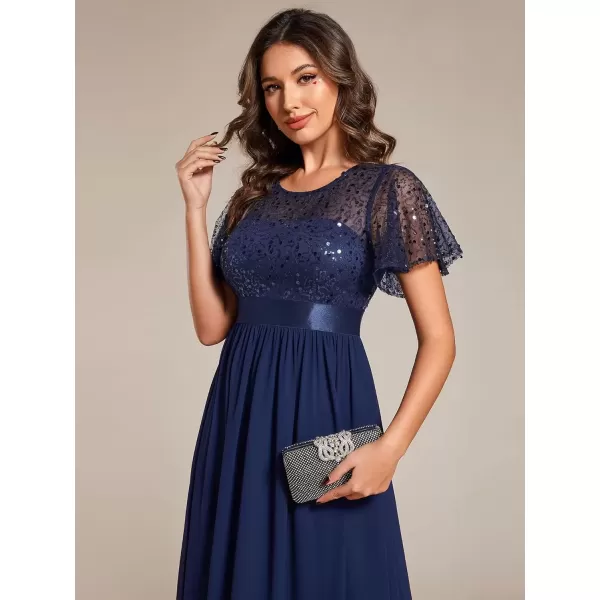 imageEverPretty Womens A Line Crew Neck Short Sleeve Sequin Floor Length Semi Formal Dress 02126Navy Blue