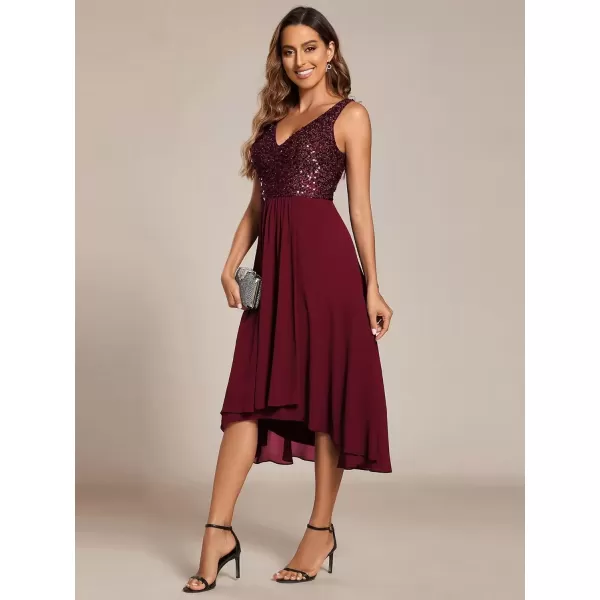 imageEverPretty Womens Chiffon V Neck Sleeveless Sequin High Low Cocktail Dresses Midi Wedding Guest Dresses 02184Burgundy