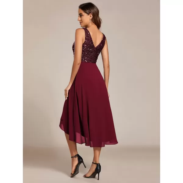 imageEverPretty Womens Chiffon V Neck Sleeveless Sequin High Low Cocktail Dresses Midi Wedding Guest Dresses 02184Burgundy