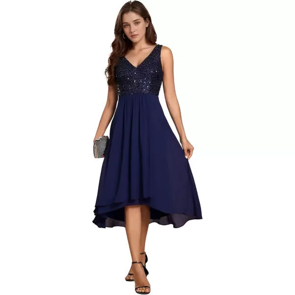 imageEverPretty Womens Chiffon V Neck Sleeveless Sequin High Low Cocktail Dresses Midi Wedding Guest Dresses 02184Navy Blue