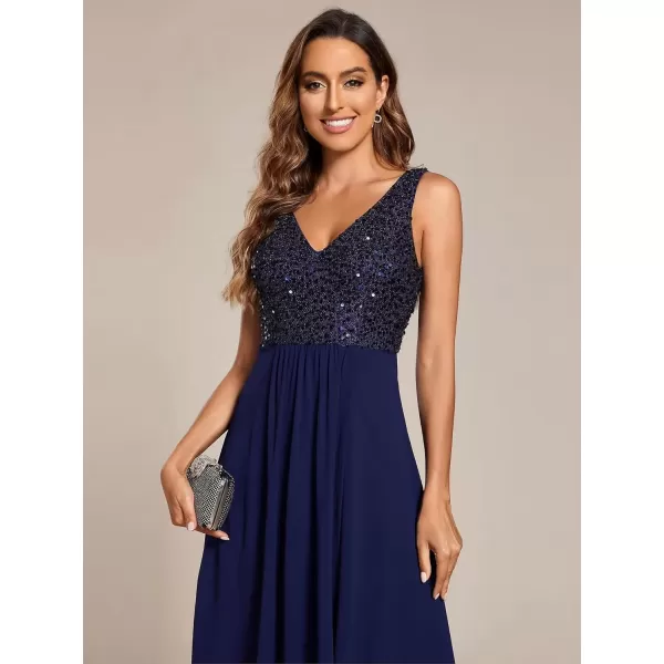 imageEverPretty Womens Chiffon V Neck Sleeveless Sequin High Low Cocktail Dresses Midi Wedding Guest Dresses 02184Navy Blue