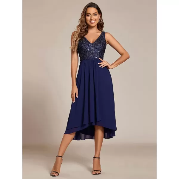 imageEverPretty Womens Chiffon V Neck Sleeveless Sequin High Low Cocktail Dresses Midi Wedding Guest Dresses 02184Navy Blue