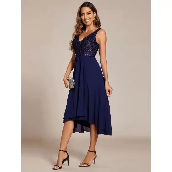 imageEverPretty Womens Chiffon V Neck Sleeveless Sequin High Low Cocktail Dresses Midi Wedding Guest Dresses 02184Navy Blue