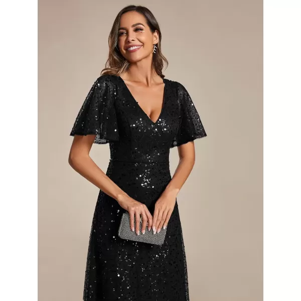 imageEverPretty Womens Elegant Sequin Short Ruffle Sleeve Embroidery ALine Evening Dress Formal Wedding Maxi Dress 02120PHBlack