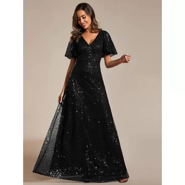 imageEverPretty Womens Elegant Sequin Short Ruffle Sleeve Embroidery ALine Evening Dress Formal Wedding Maxi Dress 02120PHBlack