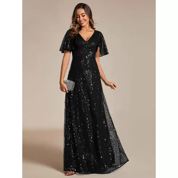 imageEverPretty Womens Elegant Sequin Short Ruffle Sleeve Embroidery ALine Evening Dress Formal Wedding Maxi Dress 02120PHBlack