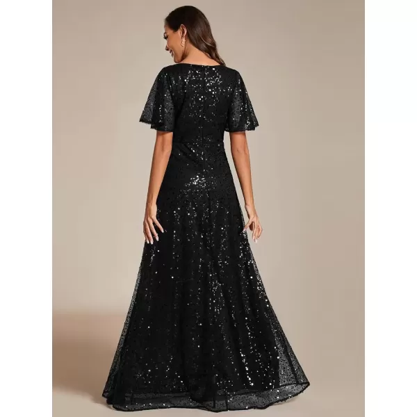 imageEverPretty Womens Elegant Sequin Short Ruffle Sleeve Embroidery ALine Evening Dress Formal Wedding Maxi Dress 02120PHBlack