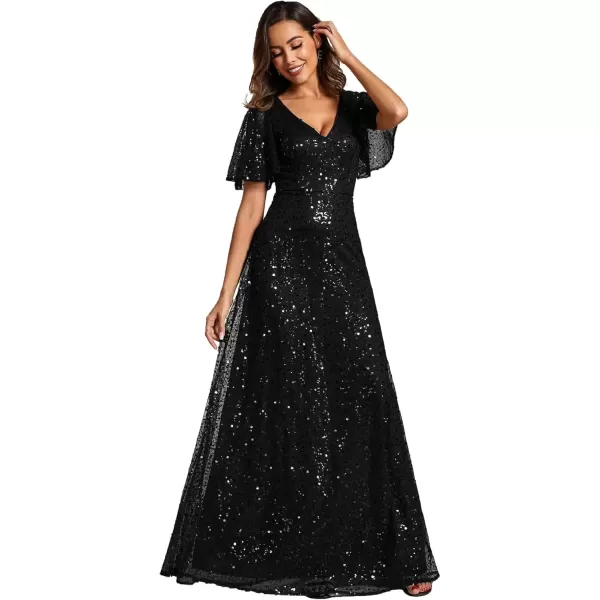 imageEverPretty Womens Elegant Sequin Short Ruffle Sleeve Embroidery ALine Evening Dress Formal Wedding Maxi Dress 02120PHBlack