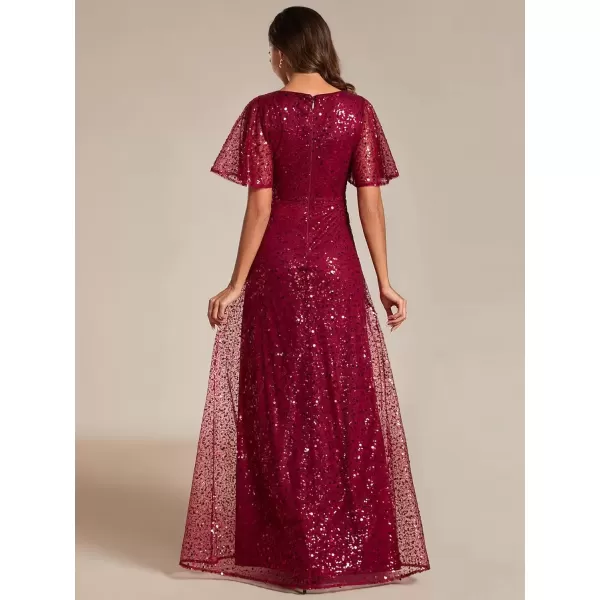 imageEverPretty Womens Elegant Sequin Short Ruffle Sleeve Embroidery ALine Evening Dress Formal Wedding Maxi Dress 02120PHBurgundy