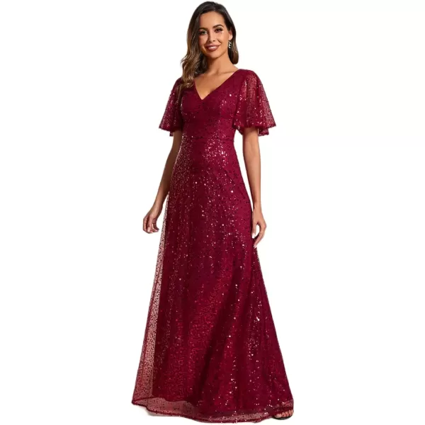 imageEverPretty Womens Elegant Sequin Short Ruffle Sleeve Embroidery ALine Evening Dress Formal Wedding Maxi Dress 02120PHBurgundy