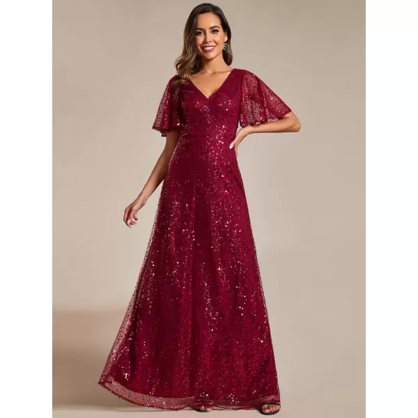 imageEverPretty Womens Elegant Sequin Short Ruffle Sleeve Embroidery ALine Evening Dress Formal Wedding Maxi Dress 02120PHBurgundy