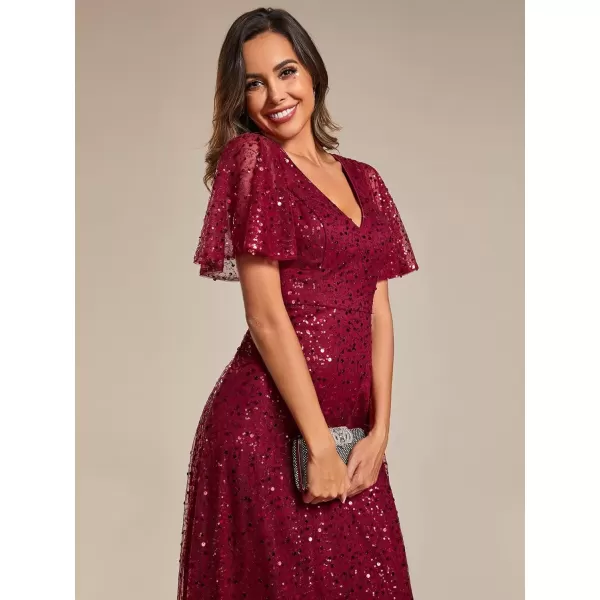 imageEverPretty Womens Elegant Sequin Short Ruffle Sleeve Embroidery ALine Evening Dress Formal Wedding Maxi Dress 02120PHBurgundy