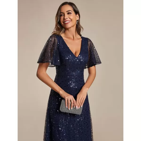 imageEverPretty Womens Elegant Sequin Short Ruffle Sleeve Embroidery ALine Evening Dress Formal Wedding Maxi Dress 02120PHNavy Blue