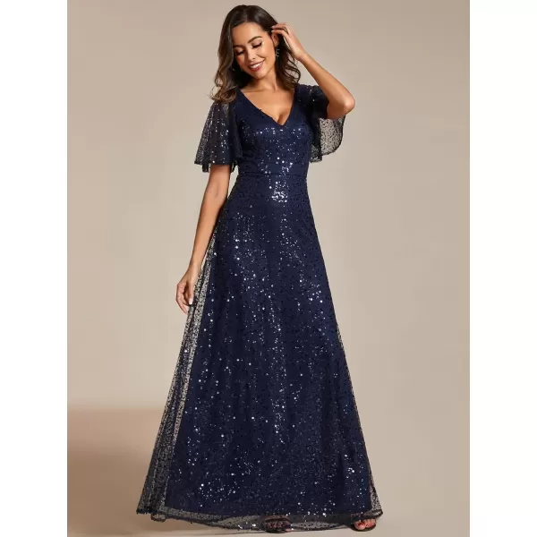 imageEverPretty Womens Elegant Sequin Short Ruffle Sleeve Embroidery ALine Evening Dress Formal Wedding Maxi Dress 02120PHNavy Blue