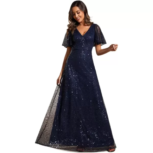 imageEverPretty Womens Elegant Sequin Short Ruffle Sleeve Embroidery ALine Evening Dress Formal Wedding Maxi Dress 02120PHNavy Blue