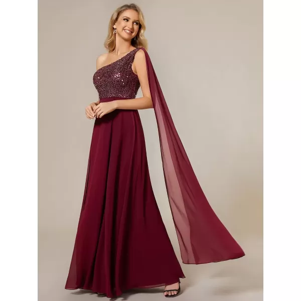 imageEverPretty Womens Flowy One Shoulder Sequin Bust A Line Chiffon Hem Evening Dresses 02032Burgundy