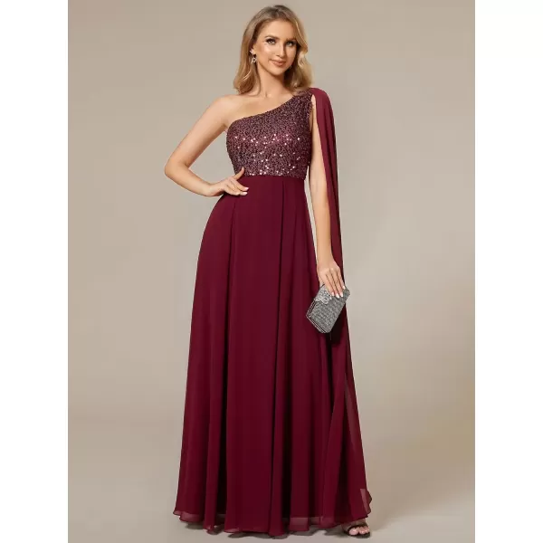 imageEverPretty Womens Flowy One Shoulder Sequin Bust A Line Chiffon Hem Evening Dresses 02032Burgundy