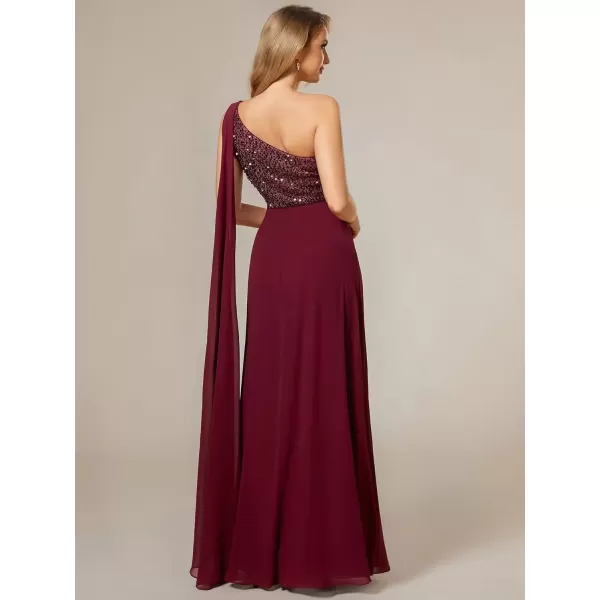 imageEverPretty Womens Flowy One Shoulder Sequin Bust A Line Chiffon Hem Evening Dresses 02032Burgundy