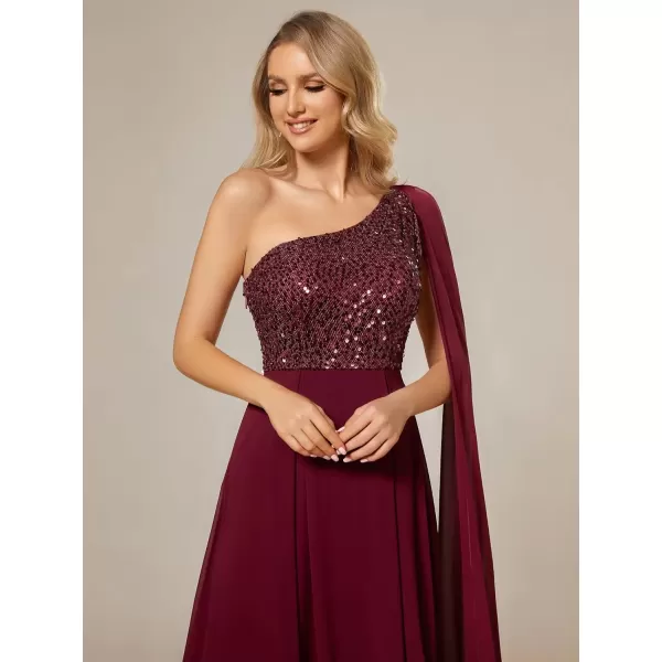 imageEverPretty Womens Flowy One Shoulder Sequin Bust A Line Chiffon Hem Evening Dresses 02032Burgundy