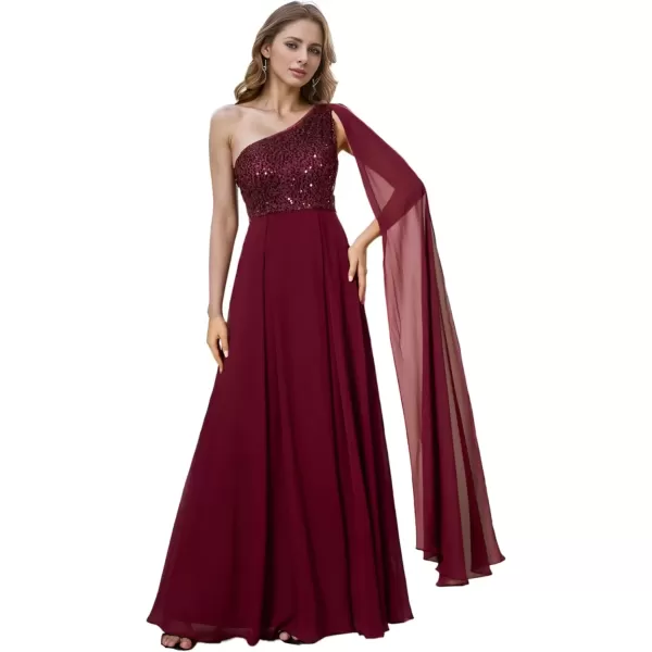 imageEverPretty Womens Flowy One Shoulder Sequin Bust A Line Chiffon Hem Evening Dresses 02032Burgundy