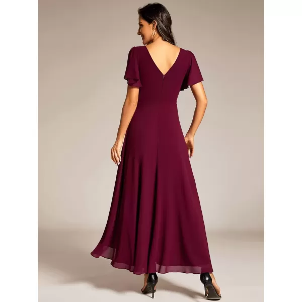 imageEverPretty Womens Formal Dress V Neck Ruffles Sleeves Empire Waist A Line Pleated Chiffon Evening Dresses 41981Burgundy