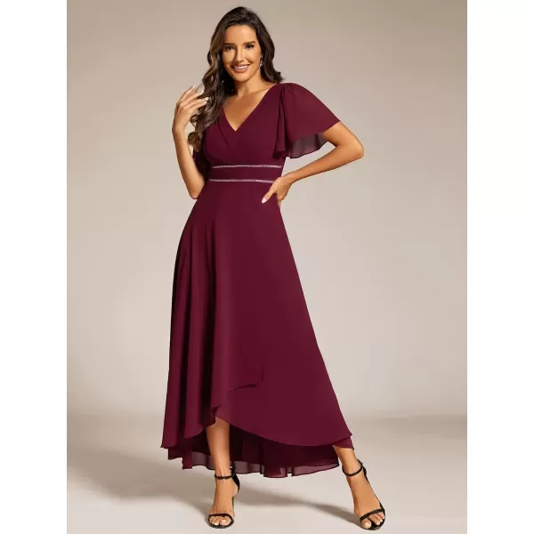 imageEverPretty Womens Formal Dress V Neck Ruffles Sleeves Empire Waist A Line Pleated Chiffon Evening Dresses 41981Burgundy