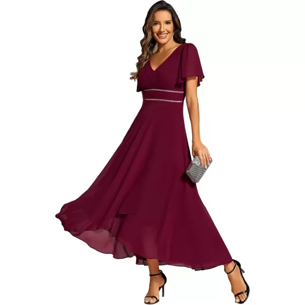 imageEverPretty Womens Formal Dress V Neck Ruffles Sleeves Empire Waist A Line Pleated Chiffon Evening Dresses 41981Burgundy