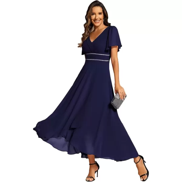 imageEverPretty Womens Formal Dress V Neck Ruffles Sleeves Empire Waist A Line Pleated Chiffon Evening Dresses 41981Navy Blue