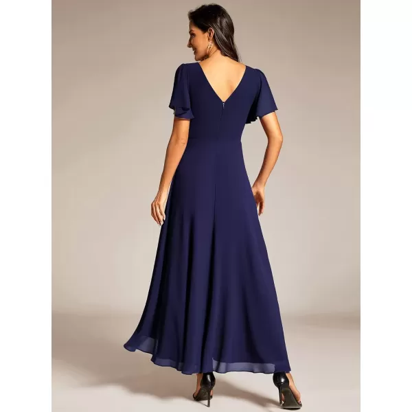 imageEverPretty Womens Formal Dress V Neck Ruffles Sleeves Empire Waist A Line Pleated Chiffon Evening Dresses 41981Navy Blue