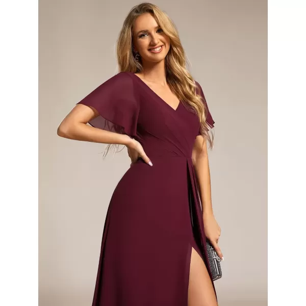 imageEverPretty Womens Formal Dresses Flutter Short Sleeve Floor Length Dress 2024 High Waist Evening Dresses 0050Burgundy