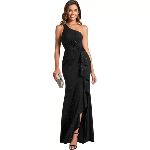 imageEverPretty Womens Glitter One Shoulder Backless Pleated Bodycon Cocktail Dress with Lotus Leaf 01918Black