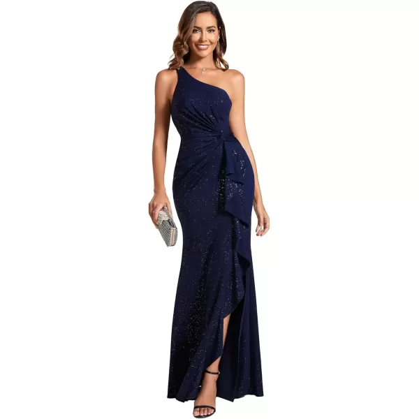 imageEverPretty Womens Glitter One Shoulder Backless Pleated Bodycon Cocktail Dress with Lotus Leaf 01918Navy Blue