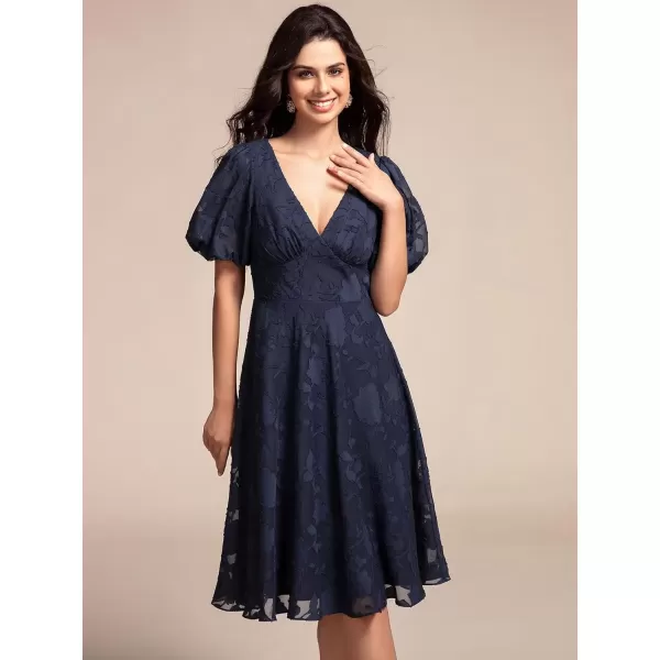 imageEverPretty Womens Lace V Neck Ruffles Sleeves Pleated Empire Waist ALine Maxi Formal Dresses 02245Navy Blue