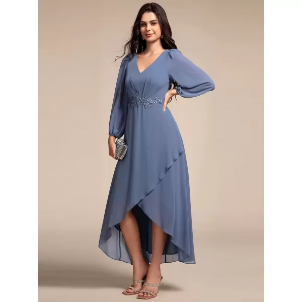 imageEverPretty Womens Long Sleeves V Neck A Line Appliques Midi Chiffon Maxi Formal Dresses 03027Dusty Navy