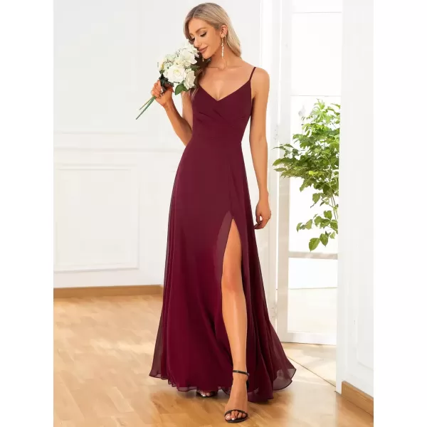 imageEverPretty Womens Summer Spaghetti Strap V Neck Chiffon Formal Wedding Bridesmaid Split Maxi Dress 0128BBurgundy