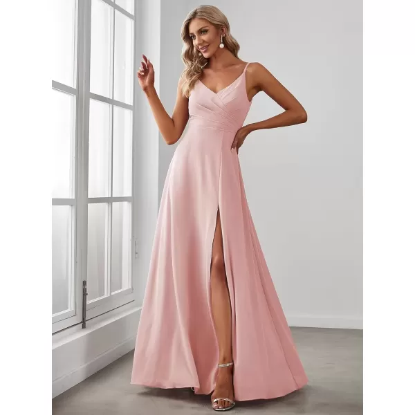 imageEverPretty Womens Summer Spaghetti Strap V Neck Chiffon Formal Wedding Bridesmaid Split Maxi Dress 0128BPink