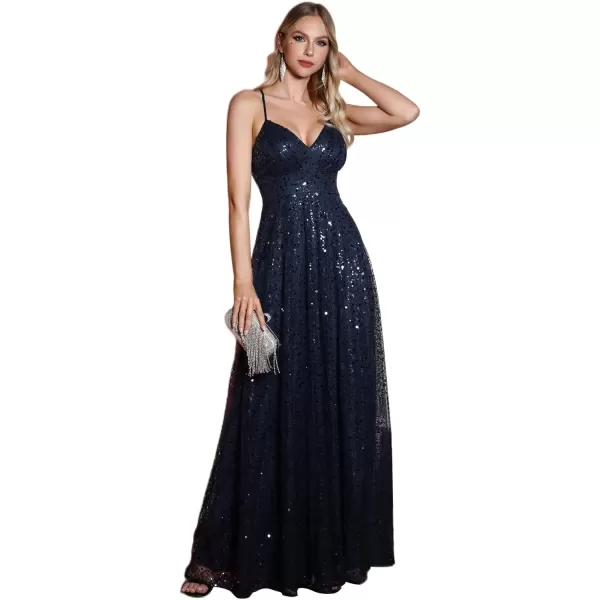 imageEverPretty Womens V Neck Sequin Sleeveless A Line Backless Summer Dresses Floor Length Evening Dresses 02176Navy Blue