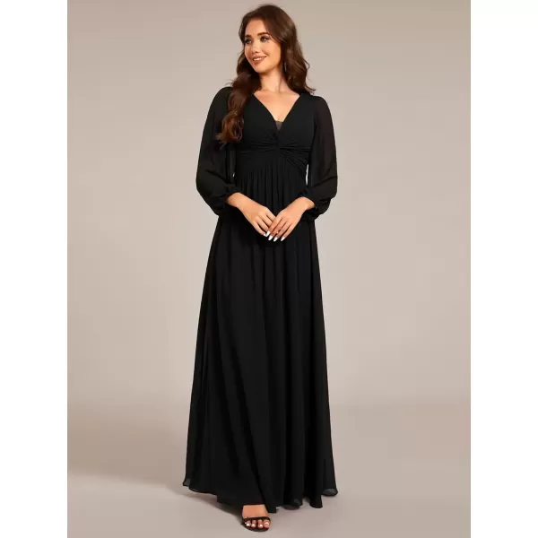 imageEverPretty Womens VNeck Lantern Sleeves ALine Pleated Chiffon Maxi Formal Dress 02235Black