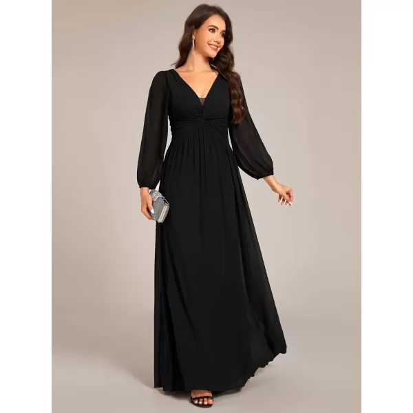 imageEverPretty Womens VNeck Lantern Sleeves ALine Pleated Chiffon Maxi Formal Dress 02235Black