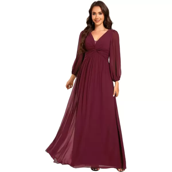 imageEverPretty Womens VNeck Lantern Sleeves ALine Pleated Chiffon Maxi Formal Dress 02235Burgundy