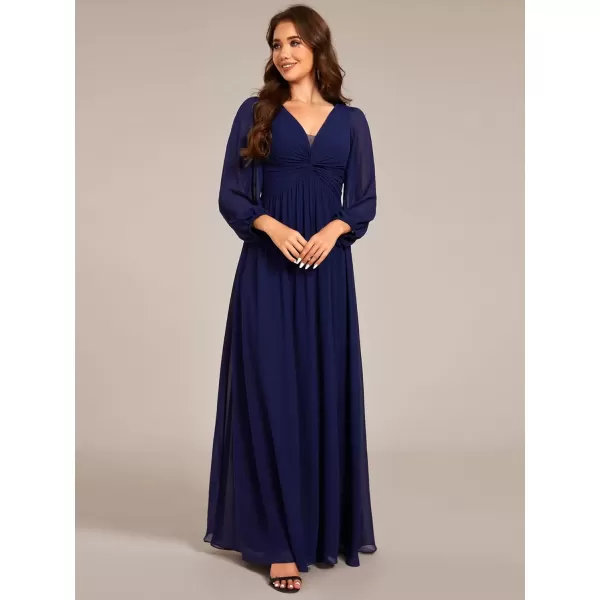 imageEverPretty Womens VNeck Lantern Sleeves ALine Pleated Chiffon Maxi Formal Dress 02235Navy Blue