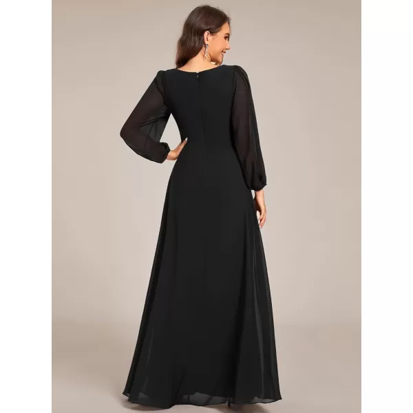 imageEverPretty Womens VNeck Long Sleeves ALine Pleated Chiffon Maxi Formal Dress 02235Black