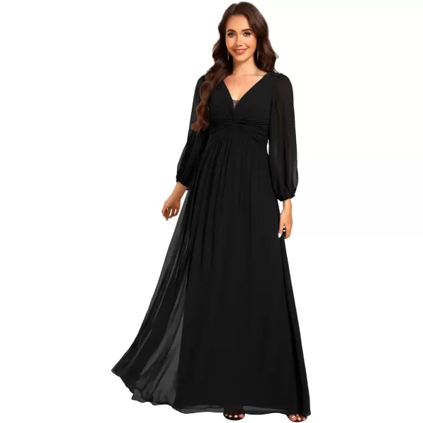 imageEverPretty Womens VNeck Long Sleeves ALine Pleated Chiffon Maxi Formal Dress 02235Black